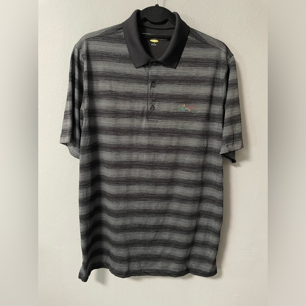 Greg Norman golf polo short sleeves stripes shirt. Size Large.